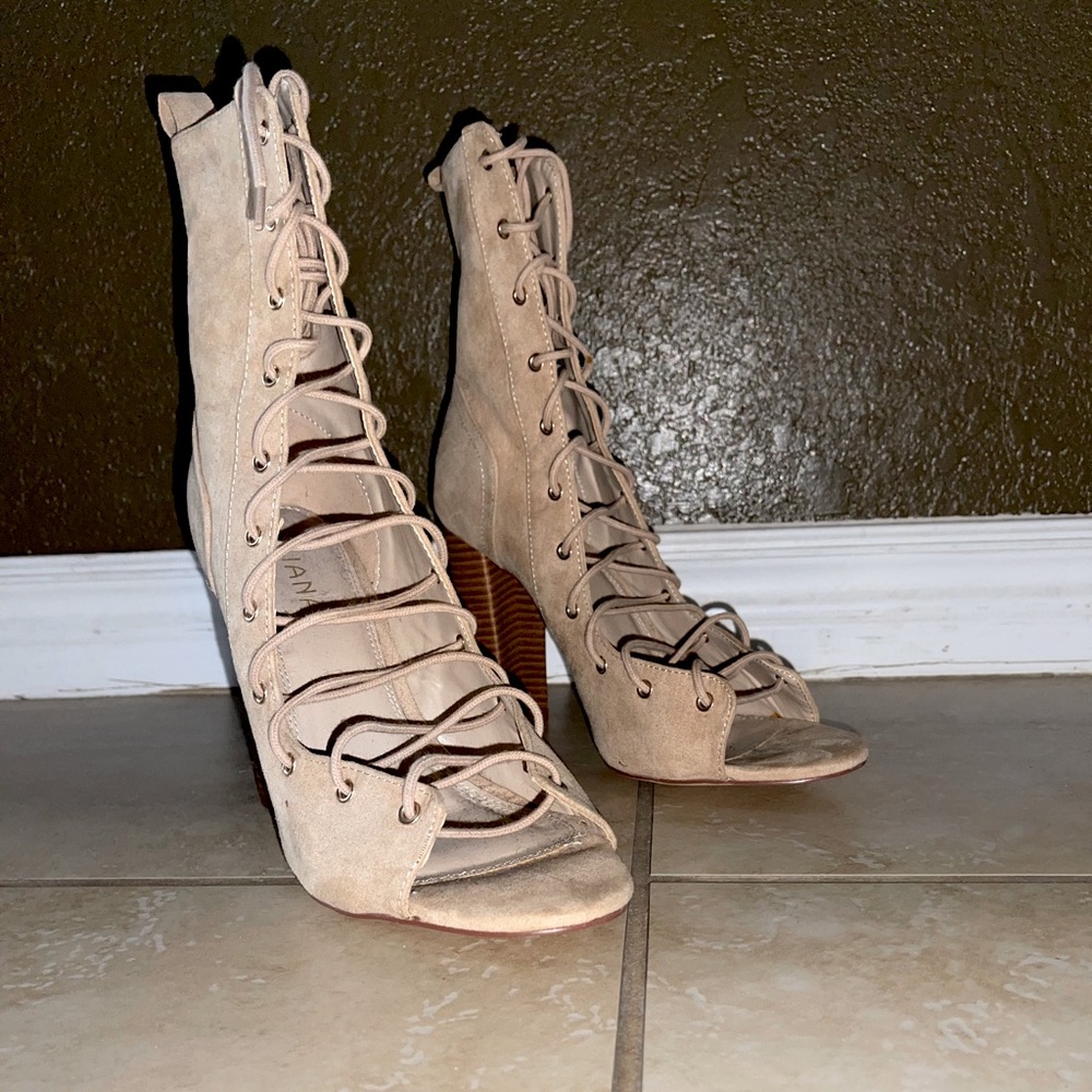 Tan lace up open toe bootie